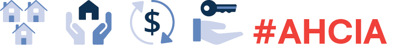 Four icons symbolizing homes, keys, and funding along with text reading #AHCIA 