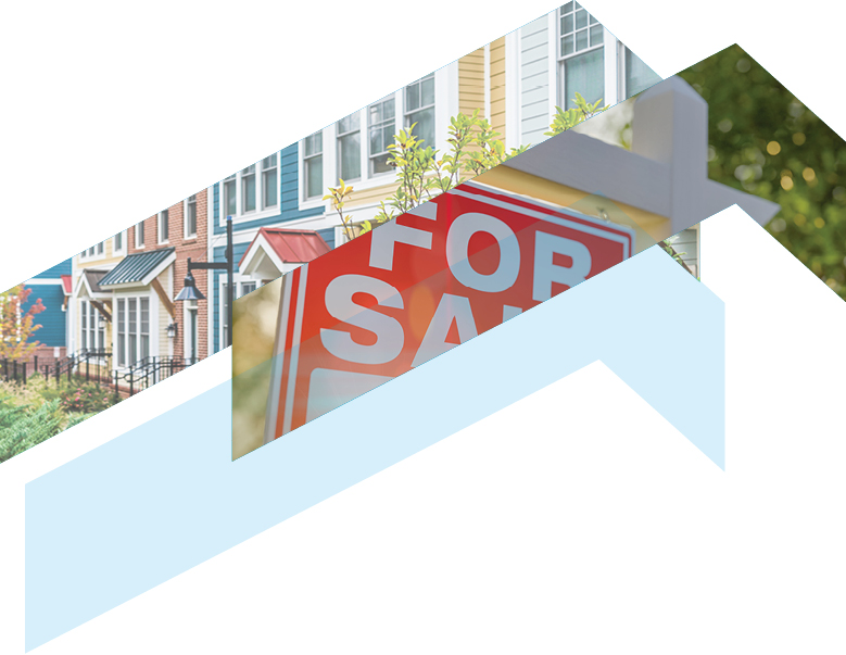 Home For-Sale sign and colorful rowhomes 