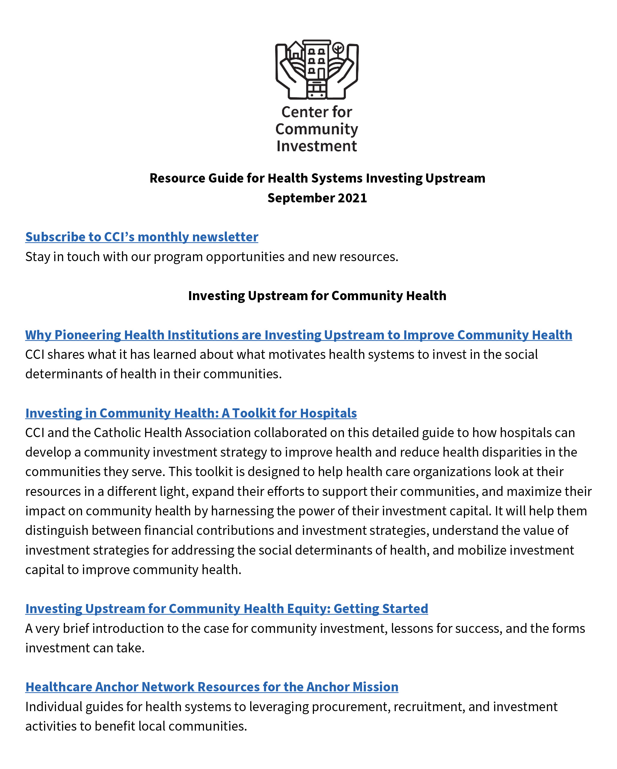 CCI Resource Guide for Health Systems Investing Upstream